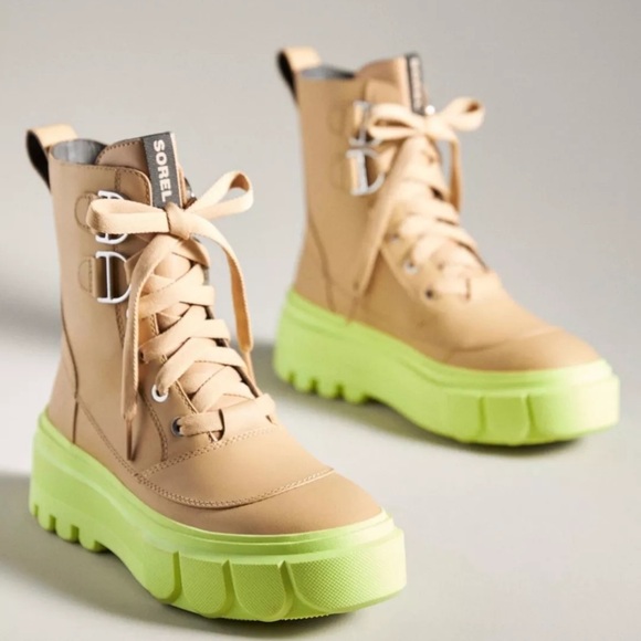 Anthropologie Sorel Caribou Boot Lace Up Beige Tan Leather Lime Rubber - Picture 9 of 11